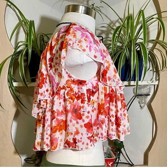 Floral Print One Shoulder Ruffle Trim Top - Picture 3 of 15